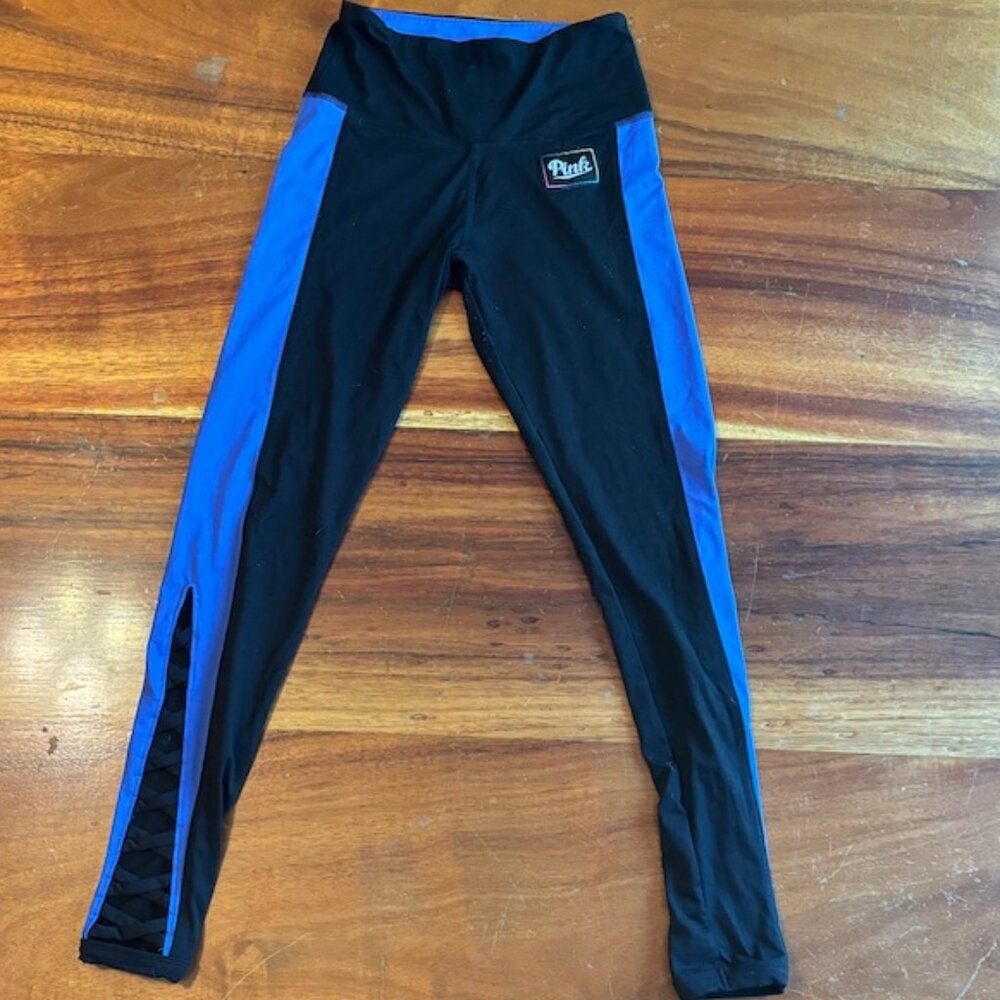 PINK Victoria's Secret Black Leggings w/ Lattice Detail, Purple stripe - XS